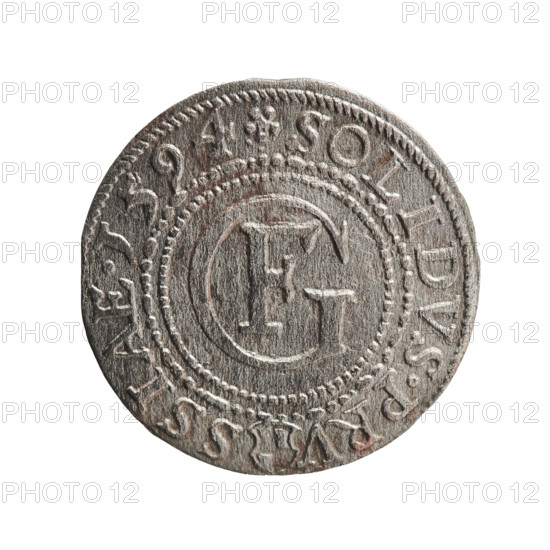 szelag; publisher: Krzysztof (Christoph) Anger; subject: Jerzy Fryderyk (Duke of Karniów; 1539–1603), Prussian eagle, Hohenzollern coat of arms, rosettes; obverse: in a border of dots and dashes a Prussian eagle with a crowned letter S on its chest; rim inscription beginning with a hook with the letters 'CA GEORG.FRID:D:G.DVX.PRVS'; outer border of diagonal dashes; reverse: in a double beaded border a monogram composed of the letters 'GF'; rim inscription divided by the Hohenzollern coat of arms beginning with a rosette 'SOLIDVS.PRV - SSIAE.I594'; date: 1594; place: Königsberg, Ducal Prussia (1525–1701); object: coin (szelag); dimensions: diameter 18.5 mm, weight 0.98 g, axis 0°.