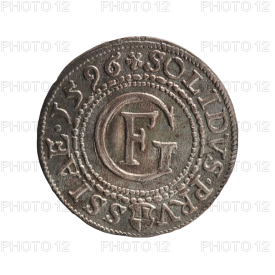 szelag; Anger, Krzysztof (Christoph), publisher; Anger, Krzysztof (Christoph); Jerzy Fryderyk (Duke of Karniów; 1539–1603); eagles; rosettes; Hohenzollern (coat of arms). Obv.: In a border composed of dots and lines a Prussian eagle, on its chest a crowned letter S. In the rim an inscription beginning with a hook with the letters CA GEORG.FRID:D:G.DVX.PRVS; outer border composed of diagonal lines. Rev.: In a double border (inner pearly, outer composed of dots and dashes) a monogram composed of the letters GF. In the rim an inscription divided by the Hohenzollern coat of arms beginning with a rosette SOLIDVS.PRV - SSIAE. I596; outer border composed of diagonal dashes. 1596; Ducal Prussia (1525–1701); Königsberg; coin; diameter 18.5 mm; weight 1.01 g; axis 0°.