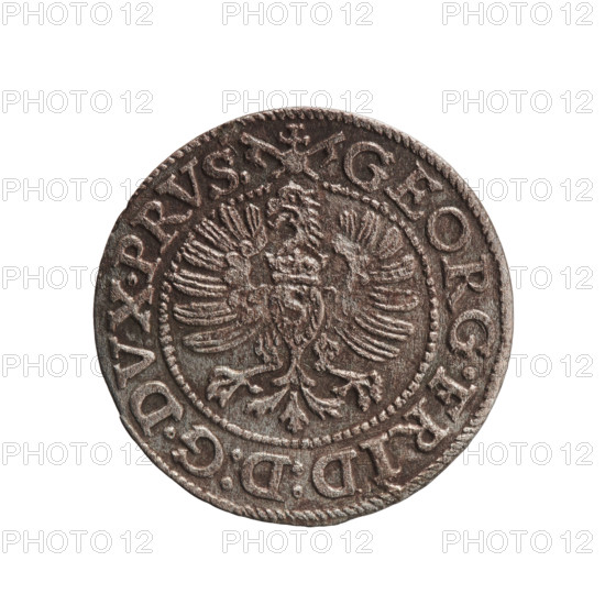 szelag, Gulden, Pawel, publisher, Gulden, Pawel, Jerzy Fryderyk (Duke of Karniów; 1539–1603), eagles, rosettes, Hohenzollern (coat of arms). Obv.: In a beaded border a Prussian eagle, on its chest a crowned letter S. In the rim an inscription beginning with a ring topped with a cross with crossed hooks GEORG.FRID:D:G.DVX.PRVS:. Outer border composed of diagonal lines. Rv.: In a double border (inner beaded, outer composed of diagonal lines) a monogram of the letters GF. In the rim an inscription divided by the Hohenzollern coat of arms beginning with a rosette SOLIDVS.PRV - SSIAE.I59I. 1591, Ducal Prussia (1525–1701), Königsberg; coin; diameter 18.5 mm; weight 0.99 g; axis 0°.