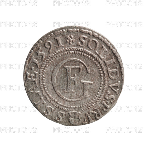 szelag, Gulden, Pawel, publisher, Gulden, Pawel, Jerzy Fryderyk (Duke of Karniów; 1539–1603), eagles, rosettes, Hohenzollern (coat of arms). Obverse: In a beaded border a Prussian eagle, on its chest a crowned letter S. In the rim an inscription beginning with a ring topped with a cross with crossed hooks GEORG.FRID:D:G.DVX.PRVS: outer border composed of diagonal lines. Reverse: In a double border (inner beaded, outer composed of diagonal lines) a monogram of the letters GF. In the rim an inscription divided by the Hohenzollern coat of arms beginning with a rosette SOLIDVS.PRV-SSIAE.I59I; outer border composed of dots and lines. 1591, Ducal Prussia (1525–1701), Königsberg. Coin; diameter 18.5 mm, weight 0.99 g, axis 0 degrees.