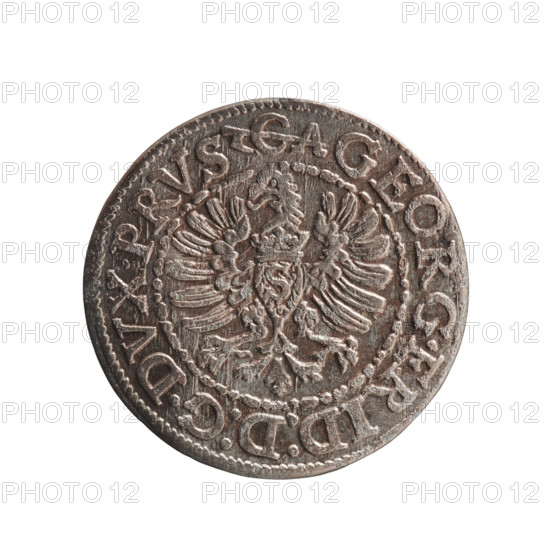 szelag; Anger, Krzysztof (Christoph), publisher; Jerzy Fryderyk (Duke of Karniów; 1539–1603); eagles; Hohenzollern (coat of arms); rosettes. Obverse: in a border composed of dots and lines a Prussian eagle, on its chest a crowned letter S; in the rim an inscription beginning with a hook with the letters CA GEORG.FRID:D:G.DVX.PRVS; outer border composed of diagonal lines. Reverse: in a double border (inner pearly, outer composed of dots and dashes) a monogram composed of the letters GF; in the rim an inscription divided by the Hohenzollern coat of arms beginning with a rosette SOLIDVS.PRV - SSIAE.I596; outer border composed of diagonal dashes. 1596; Ducal Prussia (1525–1701), Königsberg; coin; diameter 18.6 mm; weight 1.03 g; axis 0°.