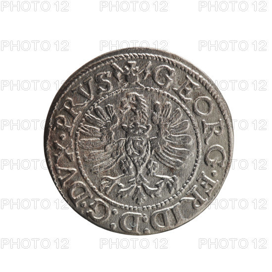 szelag (Gulden) by Pawel Gulden; Jerzy Fryderyk (Duke of Karniów; 1539–1603). Obverse: in a beaded border a Prussian eagle with a crowned letter S on its chest; rim inscription beginning with a ring topped with a cross with crossed hooks GEORG.FRID:D:G.DVX.PRVS; outer border composed of diagonal lines. Reverse: in a double border (inner beaded, outer diagonal lines) a monogram GF; rim inscription divided by the Hohenzollern coat of arms beginning with a rosette SOLIDVS.PRV - SSIAE.I593; outer border composed of diagonal lines. 1593, Königsberg, Ducal Prussia (1525–1701). Coin; diameter 18.6 mm, weight 0.96 g, axis 0°.