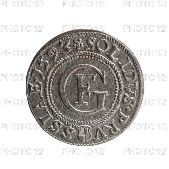 szelag (Gulden) by Pawel Gulden; Jerzy Fryderyk (Duke of Karniów; 1539–1603). Obverse: in a beaded border a Prussian eagle with a crowned letter S on its chest; rim inscription beginning with a ring topped with a cross with crossed hooks GEORG.FRID:D:G.DVX.PRVS; outer border of diagonal lines. Reverse: in a double border (inner beaded, outer diagonal lines) a monogram GF; rim inscription divided by the Hohenzollern coat of arms beginning with a rosette SOLIDVS.PRV - SSIAE.I593; outer border of diagonal lines. Dated 1593, Königsberg, Ducal Prussia (1525–1701). Coin; diameter 18.6 mm; weight 0.96 g; axis 0°.