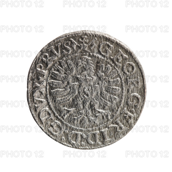 szelag (Gulden) by Pawel Gulden; maker: Jerzy Fryderyk (Duke of Karniów; 1539–1603). Obverse: in a beaded border a Prussian eagle with a crowned letter S on its chest; rim inscription beginning with a ring topped with a cross with crossed hooks GEORG.FRID:D:G.DVX.PRVS; outer border composed of diagonal lines. Reverse: in a double border (inner beaded, outer diagonal lines) a monogram of the letters GF; rim inscription divided by the Hohenzollern coat of arms beginning with a rosette SOLIDVS.PRV - SSIAE.I593. Date: 1593, place: Königsberg, Ducal Prussia (1525–1701). Coin; diameter 18.6 mm; weight 0.92 g; axis 0°.