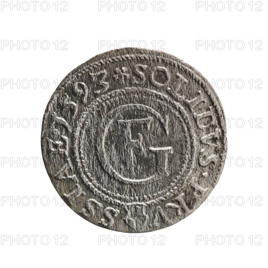 szelag (Gulden) by Pawel Gulden; Jerzy Fryderyk (Duke of Karniów; 1539–1603). Obverse: within a beaded border a Prussian eagle bearing on its chest a crowned letter S; rim inscription beginning with a ring topped with a cross with crossed hooks GEORG.FRID:D:G.DVX.PRVS; outer border of diagonal lines. Reverse: in a double border (inner beaded, outer diagonal lines) a monogram GF; rim inscription divided by the Hohenzollern coat of arms beginning with a rosette SOLIDVS.PRV-SSIAE. I593. Dated 1593, Königsberg, Ducal Prussia (1525–1701). Coin; diameter 18.6 mm; weight 0.92 g; axis 0°.