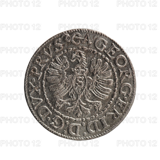 szelag; Anger, Krzysztof (Christoph), publisher; Anger, Krzysztof (Christoph); Jerzy Fryderyk (Duke of Karniów; 1539–1603); eagles; rosettes; Hohenzollern (coat of arms). Obverse: In a border composed of dots and lines a Prussian eagle, on its chest a crowned letter S. In the rim an inscription beginning with a hook with the letters 'CA GEORG.FRID:D:G.DVX.PRVS'; outer border composed of diagonal lines. Reverse: In a double border (inner pearly, outer composed of dots and dashes) a monogram composed of the letters 'GF'. In the rim an inscription divided by the Hohenzollern coat of arms beginning with a rosette 'SOLIDVS.PRV - SSIAE. I594'; outer border composed of diagonal dashes. 1594; Ducal Prussia (1525–1701), Königsberg; coin; diameter 18.6 mm; weight 0.90 g; axis 0°.