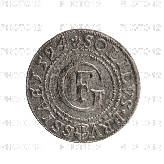szelag; Anger, Krzysztof (Christoph), publisher; Anger, Krzysztof (Christoph); Jerzy Fryderyk (Duke of Karniów; 1539–1603); eagles; rosettes; Hohenzollern (coat of arms). Obv.: in a border composed of dots and lines a Prussian eagle, on its chest a crowned letter S; in the rim an inscription beginning with a hook with the letters CA GEORG.FRID:D:G.DVX.PRVS; outer border composed of diagonal lines. Rev.: in a double border (inner pearly, outer composed of dots and dashes) a monogram composed of the letters GF; in the rim an inscription divided by the Hohenzollern coat of arms beginning with a rosette SOLIDVS.PRV - SSIAE. I594; outer border composed of diagonal dashes. 1594; Ducal Prussia (1525–1701), Königsberg; coin; diameter 18.6 mm; weight 0.90 g; axis 0°.