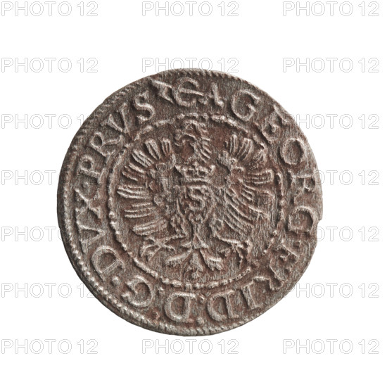 szelag; publisher: Krzysztof (Christoph) Anger; subject: Jerzy Fryderyk (Duke of Karniów; 1539–1603); motifs: eagles, rosettes, Hohenzollern coat of arms; obverse: in a border of dots and lines a Prussian eagle with a crowned letter S on its chest; rim inscription beginning with a hook with the letters 'CA GEORG.FRID:D:G.DVX.PRVS'; outer border of diagonal lines; reverse: in a double border (inner pearly, outer of dots and dashes) a monogram composed of the letters GF; rim inscription divided by the Hohenzollern coat of arms beginning with a rosette 'SOLIDVS.PRV - SSIAE. I596'; date: 1596; place: Ducal Prussia (1525–1701), Königsberg; object: coin (szelag); diameter 18.4 mm; weight 0.74 g; axis 0°.