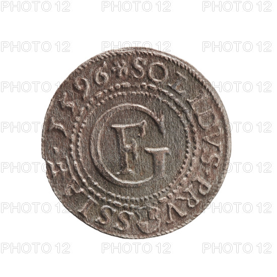 szelag; Anger, Krzysztof (Christoph), publisher; Anger, Krzysztof (Christoph); Jerzy Fryderyk (Duke of Karniów; 1539–1603); eagles; rosettes; Hohenzollern (coat of arms). Obv.: In a border composed of dots and lines a Prussian eagle, on its chest a crowned letter S. In the rim an inscription beginning with a hook with the letters 'CA GEORG.FRID:D:G.DVX.PRVS'; outer border composed of diagonal lines. Rv.: In a double border (inner pearly, outer composed of dots and dashes) a monogram composed of the letters GF. In the rim an inscription divided by the Hohenzollern coat of arms beginning with a rosette 'SOLIDVS.PRV - SSIAE.I596'; outer border composed of diagonal dashes. 1596; Ducal Prussia (1525–1701), Königsberg; coin. Diameter 18.4 mm; weight 0.74 g; axis 0°.