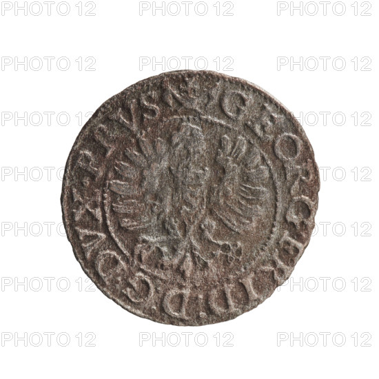 szelag (Gulden), publisher Pawel Gulden; Jerzy Fryderyk (Duke of Karniów; 1539–1603). Obverse: in a beaded border a Prussian eagle with a crowned letter S on its chest; rim inscription beginning with a ring topped with a cross with crossed hooks GEORG.FRID:D:G.DVX.PRVS; outer border composed of diagonal lines. Reverse: in a double border (inner pearl, outer diagonal lines) a monogram GF; rim inscription divided by the Hohenzollern coat of arms beginning with a rosette SOLIDVS.PRV - SS, AE. 1591; outer border composed of diagonal lines. 1591, Ducal Prussia (1525–1701), Königsberg. Coin; diameter 18.3 mm; weight 0.70 g; axis 0°.