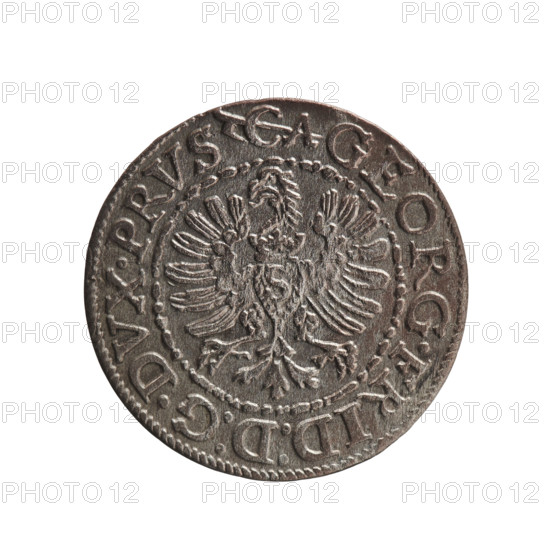 szelag; Anger, Krzysztof (Christoph), publisher; Anger, Krzysztof (Christoph); Jerzy Fryderyk (Duke of Karniów; 1539–1603); eagles; Hohenzollern (coat of arms); rosettes. Obv.: In a border composed of dots and lines a Prussian eagle, on its chest a crowned letter S. In the rim an inscription beginning with a hook with the letters CA GEORG.FRID:D:G.DVX.PRVS; outer border composed of diagonal lines. Rv.: In a double border (inner pearly, outer composed of dots and dashes) a monogram composed of the letters GF. In the rim an inscription divided by the Hohenzollern coat of arms beginning with a rosette SOLIDVS.PRV - SSIAE. I594; outer border composed of diagonal dashes. 1594; Ducal Prussia (1525–1701), Königsberg. Coin: diameter 18.5 mm, weight 0.96 g, axis 0°.