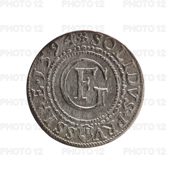 szelag; publisher: Krzysztof (Christoph) Anger; subject: Jerzy Fryderyk (Duke of Karniów; 1539–1603); motifs: Prussian eagle with crowned letter S on its chest, Hohenzollern coat of arms, rosettes, monogram composed of the letters GF; obverse: in a border of dots and lines a Prussian eagle, on its chest a crowned letter S; rim inscription beginning with hook with letters 'CA GEORG.FRID:D:G.DVX.PRVS', outer border of diagonal lines; reverse: in a double border (inner pearly, outer of dots and dashes) a GF monogram; rim inscription divided by the Hohenzollern coat of arms beginning with a rosette 'SOLIDVS.PRV - SSIAE.I594', outer border of diagonal dashes; date: 1594; place: Ducal Prussia, Königsberg; object: coin (szelag); diameter 18.5 mm; weight 0.96 g; axis 0°