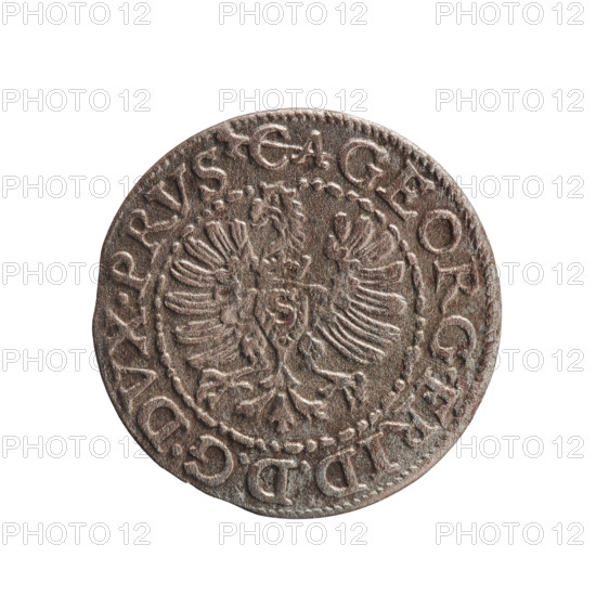 szelag, Anger, Krzysztof (Christoph), publisher; Anger, Krzysztof (Christoph); Jerzy Fryderyk (Duke of Karniów; 1539–1603); motifs: eagles, Hohenzollern coat of arms, rosettes. Obverse: in a border composed of dots and lines a Prussian eagle, on its chest a crowned letter S; rim inscription beginning with a hook with the letters 'CA GEORG.FRID:D:G.DVX.PRVS'; outer border composed of diagonal lines. Reverse: in a double border (inner pearly, outer composed of dots and dashes) a monogram composed of the letters 'GF'; rim inscription divided by the Hohenzollern coat of arms beginning with a rosette 'SOLIDVS.PRV - SSIAE. I594'; outer border composed of diagonal dashes. Date: 1594. Place: Ducal Prussia (1525–1701), Königsberg. Object: coin (szelag); diameter 18.3 mm; weight 0.88 g; axis 0°.