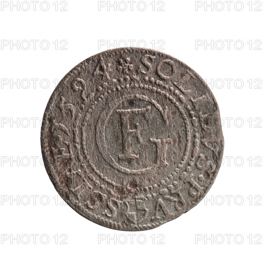 szelag; publisher: Krzysztof (Christoph) Anger; ruler: Jerzy Fryderyk (Duke of Karniów; 1539–1603); motifs: eagles, Hohenzollern coat of arms, rosettes; Obverse: in a border of dots and lines a Prussian eagle with a crowned letter S on its chest; rim inscription beginning with a hook with the letters 'CA GEORG.FRID:D:G.DVX.PRVS'; outer border of diagonal lines. Reverse: in a double border (inner pearly, outer of dots and dashes) a monogram composed of the letters 'GF'; rim inscription divided by the Hohenzollern coat of arms beginning with a rosette 'SOLIDVS.PRV - SSIAE.I594'; outer border of diagonal dashes. Date: 1594. Place: Ducal Prussia, Königsberg. Object: coin (szelag). Dimensions: diameter 18.3 mm, weight 0.88 g, axis 0°.