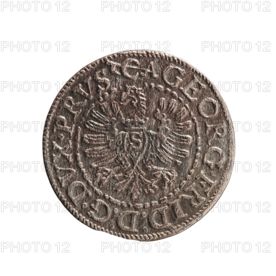 szelag; publisher: Krzysztof (Christoph) Anger; subject: Jerzy Fryderyk (Duke of Karniów; 1539–1603); materials/technique: silver coin; style/details: obverse in a border of dots and lines with a Prussian eagle bearing a crowned letter S on its chest; rim inscription beginning with a hooked letter: 'CA GEORG.FRID:D:G.DVX.PRVS.'; reverse in a double border (inner pearl-shaped, outer of dots and lines) with a monogram composed of the letters GF; rim inscription divided by the Hohenzollern coat of arms beginning with a rosette: 'SOLIDVS.PRV - SSIAE. I595'; date: 1595; place: Ducal Prussia, Königsberg; function: coin; dimensions: diameter 18.6 mm, weight 0.97 g, axis 0°.