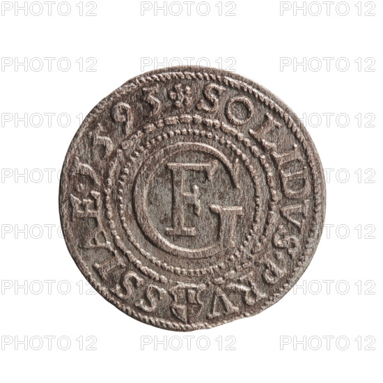 szelag; publisher: Krzysztof (Christoph) Anger; person: Jerzy Fryderyk (Duke of Karniów; 1539–1603); motifs: eagles, rosettes, Hohenzollern (coat of arms); obverse: in a border composed of dots and lines a Prussian eagle, on its chest a crowned letter S; rim inscription beginning with a hook with the letters 'CA GEORG.FRID:D:G.DVX.PRVS.'; reverse: in a double border (inner pearl-shaped, outer composed of dots and lines) a monogram composed of the letters GF; rim inscription divided by the Hohenzollern coat of arms beginning with a rosette 'SOLIDVS.PRV - SSIAE.I595'; outer border composed of diagonal lines; date: 1595; place: Ducal Prussia (1525–1701), Königsberg; object: coin (szelag); diameter: 18.6 mm; weight: 0.97 g; axis: 0°.