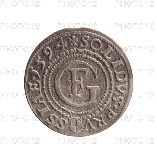 szelag; Anger, Krzysztof (Christoph), publisher; Anger, Krzysztof (Christoph); Jerzy Fryderyk (Duke of Karniów; 1539–1603); eagles; rosettes; Hohenzollern (coat of arms). Obverse: in a border composed of dots and lines a Prussian eagle, on its chest a crowned letter S; in the rim an inscription beginning with a hook with the letters CA GEORG.FRID:D:G.DVX.PRVS; outer border composed of diagonal lines. Reverse: in a double border (inner pearly, outer composed of dots and dashes) a monogram composed of the letters GF; in the rim an inscription divided by the Hohenzollern coat of arms beginning with a rosette SOLIDVS.PRV - SSIAE. I594; outer border composed of diagonal dashes. 1594; Ducal Prussia (1525–1701), Königsberg; coin; diameter 18.6 mm; weight 0.89 g; axis 0°.