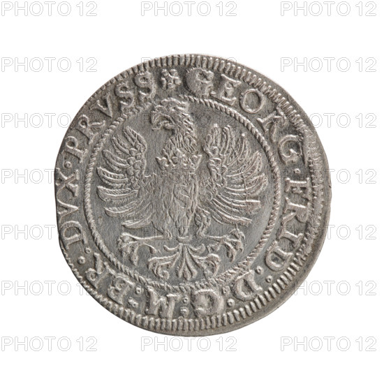 Grosz; Gulden; Pawel (publisher). Obverse: Prussian eagle with crowned letter S on the chest, dividing the inner border; in the rim between the borders an inscription beginning with a rosette: GEORG.FRID:D:G:M:BR:DVX.PRVSS. Reverse: male bust in armour in profile turned to the right; short hair, beard with sideburns; in the rim between the borders an inscription beginning with the Hohenzollern coat of arms and divided by a ring topped with a cross with crossed hooks: IVSTVS EX FIDE - VIVIT. Hohenzollern (coat of arms); George Frederick (Duke of Karniów; 1539–1603) — iconography. Date: 1586. Place: Ducal Prussia, Königsberg. Coin, diameter 22.3 mm, weight 1.87 g, axis 0°.