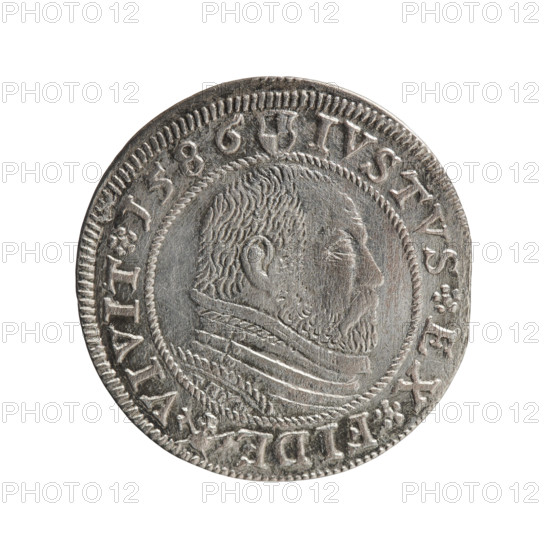 Grosz; Gulden; Pawel, publisher. Obverse: Prussian eagle with a crowned letter S on the chest, dividing the inner border; in the rim between the borders an inscription beginning with a rosette GEORG.FRID:D:G:M:BR:DVX.PRVSS. Reverse: Male bust in armour in profile to the right; short hair, beard with sideburns; in the rim between the borders an inscription beginning with the Hohenzollern coat of arms and divided by a ring topped with a cross with crossed hooks IVSTVS EX FIDE - VIVIT. Date: 1586. Place: Ducal Prussia (Königsberg). Type: coin (grosz/gulden). Diameter 22.3 mm; weight 1.87 g; axis 0°. Historical/person depicted: George Frederick (Duke of Karniów; 1539–1603).