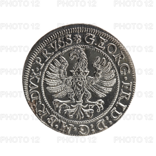 Obverse: Prussian eagle with crowned letter S on the chest; in the rim between borders an inscription beginning with a rosette GEORG.FRID:D:G:M:BR:DVX.PRVSS, separated by rosettes. Reverse: male bust in armour in profile facing right; short hair, beard with sideburns; in the rim between borders an inscription beginning with the Hohenzollern coat of arms and divided by a ring topped with a cross with crossed hooks IVSTVS EX FIDE - VIVIT I587, between rosettes. Maker/issuer: George Frederick (Duke of Karniów; 1539–1603). Date: 1587. Place: Königsberg, Ducal Prussia (1525–1701). Type/material: coin. Diameter 22.1 mm; weight 1.70 g; axis 0°. Style/imagery: Hohenzollern coat of arms, eagles, rosettes, male busts in armour, iconography. Publisher: Pawel Gulden.