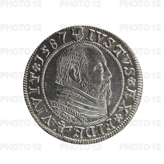Obverse: Prussian eagle with crowned letter S on the chest; in the rim, between the borders, an inscription beginning with a rosette GEORG.FRID:D:G:M:BR:DVX.PRVSS; rosettes between words. Reverse: male bust in armour in profile turned right; short hair, beard with sideburns; in the rim, between the borders, an inscription beginning with the Hohenzollern coat of arms and divided by a ring topped with a cross with crossed hooks IVSTVS EX FIDE - VIVIT I587; rosettes between words. Coin dated 1587, maker: George Frederick (Duke of Karniów; 1539–1603). Iconography: eagles, Hohenzollern coat of arms, rosettes, male busts in armour. Place: Königsberg, Ducal Prussia (1525–1701). Object: coin; diameter 22.1 mm; weight 1.70 g; axis 0°. Publisher/maker: Pawel Gulden.