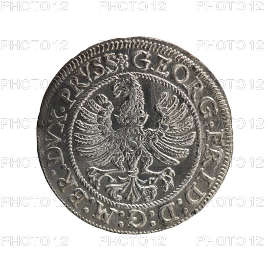 Obverse: Prussian eagle with crowned letter S on the chest, dividing the inner border; in the rim between the borders an inscription beginning with a rosette GEORG.FRID:D:G:M:BR:DVX.PRVSS, separated by rosettes. Reverse: Male bust in armour in profile turned to the right; short hair, beard with sideburns; in the rim between the borders an inscription beginning with the Hohenzollern coat of arms and divided by a ring topped with a cross with crossed hooks IVSTVS EX FIDE - VIVIT I587, separated by rosettes. Iconography: eagles, Hohenzollern coat of arms, rosettes, male busts in armour; George Frederick (Duke of Karniów; 1539–1603). Date: 1587. Place: Ducal Prussia, Königsberg. Object: coin; diameter 22.3 mm, thickness 1.94 mm, axis 0°. Maker/publisher: Pawel Gulden.