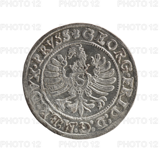 Grosz; Gulden; Pawel, publisher. Obverse: Prussian eagle with crowned letter S on the chest; in the rim between borders an inscription beginning with a rosette GEORG.FRID:D:G:M:BR:DVX.PRVSS. Reverse: male bust in armour in profile turned to the right; short hair, beard with sideburns; in the rim between borders an inscription beginning with the Hohenzollern coat of arms and divided by an inverted ring topped with a cross with crossed hooks IVSTVS EX FIDE - VIVIT 1589 (rosettes between words). Date: 1589. Region: Ducal Prussia (1525–1701), Königsberg. Coin; diameter 21.9 mm; weight 1.68 g; axis 0°.