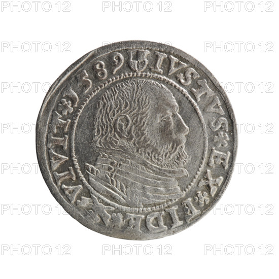 Grosz; Gulden; Pawel (publisher). Obverse: Prussian eagle with crowned letter S on the chest; in the rim between borders an inscription beginning with a rosette GEORG.FRID:D:G:M:BR:DVX.PRVSS. Reverse: male bust in armour in profile turned to the right; short hair, beard with sideburns; in the rim between borders an inscription beginning with the Hohenzollern coat of arms and divided by an inverted ring topped with a cross with crossed hooks IVSTVS EX FIDE - VIVIT 1589, flanked by rosettes. George Frederick (Duke of Karniów; 1539–1603) — iconography; rosettes; Hohenzollern (coat of arms). Ducal Prussia (1525–1701), Königsberg. Coin: diameter 21.9 mm, weight 1.68 g, axis 0°.