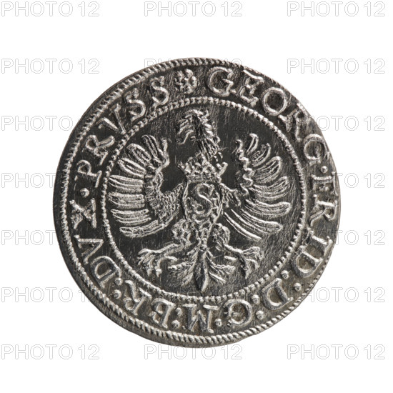 Anger, Krzysztof (Christoph), publisher; Obv.: Prussian eagle with crowned letter S on chest; rim between borders with a rosette and inscription beginning GEORG.FRID:D:G:M:BR:DVX.PRVSS; Rev.: male bust in armour in profile to right with short hair and beard with sideburns; rim between borders with Hohenzollern coat of arms and inscription divided by a hook with letters CA IVSTVS EX FIDE - VIVIT; date 1595; Ducal Prussia (1525–1701), Königsberg; coin; diameter 22.3 mm; weight 1.91 g; axis 0°.