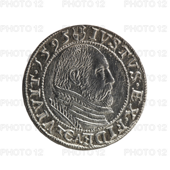 Obverse: Prussian eagle with crowned letter S on the chest; in the rim between the borders an inscription beginning with a rosette GEORG.FRID:D:G:M:BR:DVX.PRVSS. Reverse: Male bust in armour in profile facing right; short hair, beard with sideburns; in the rim between the borders an inscription beginning with the Hohenzollern coat of arms and divided by a hook with the letters CA IVSTVS EX FIDE - VIVIT. 1595. George Frederick (Duke of Karniów; 1539–1603) — iconography. Rosettes. Male busts in armour. Ducal Prussia (1525–1701), Königsberg. Coin; diameter 22.3 mm, weight 1.91 g, axis 0°. Maker/publisher: Krzysztof (Christoph) Anger.