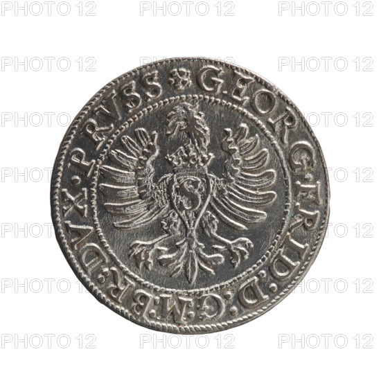 Anger, Krzysztof (Christoph), publisher. Obverse: Prussian eagle with the crowned letter S on the chest; in the rim between the borders an inscription beginning with a rosette GEORG.FRID:D:G:M:BR:DVX.PRVSS. Reverse: male bust in armour in profile turned to the right; short hair, beard with sideburns; in the rim between the borders an inscription beginning with the Hohenzollern coat of arms and separated by a hook with the letters CA IVSTVS EX FIDE - VIVIT. 1596. George Frederick (Duke of Karniów; 1539–1603) — iconography. Hohenzollern (coat of arms). Rosettes. Ducal Prussia (1525–1701), Königsberg. Coin; diameter 22.2 mm, weight 1.75 g, axis 0°.