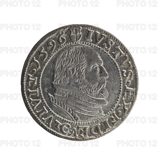 Obverse: Prussian eagle with crowned letter S on the chest; rim inscription beginning with a rosette GEORG.FRID:D:G:M:BR:DVX.PRVSS between the words; 1596. Reverse: male bust in armour in profile to the right; short hair, beard with sideburns; rim inscription beginning with the Hohenzollern coat of arms and separated by a hook with the letters CA IVSTVS EX FIDE - VIVIT between the words. Maker: Anger, Krzysztof (Christoph). Iconography: eagles; George Frederick (Duke of Karniów; 1539–1603). Style/period: Ducal Prussia (1525–1701), Königsberg. Object: coin; diameter 22.2 mm; weight 1.75 g; axis 0°; date 1596.