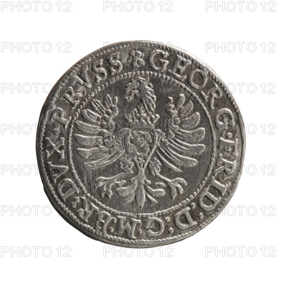 grosz; Anger, Krzysztof (Christoph), publisher; Anger, Krzysztof (Christoph); eagles; Hohenzollern (coat of arms); George Frederick (Duke of Karniów; 1539–1603) — iconography; rosettes; male busts in armour. Obv.: Prussian eagle with the crowned letter S on the chest; in the rim between the borders an inscription beginning with a rosette GEORG.FRID:D:G:M:BR:DVX.PRVSS, with dots between words. Rev.: Male bust in armour in profile turned to the right; short hair, beard with sideburns; in the rim between the borders an inscription beginning with the Hohenzollern coat of arms and separated by a hook with the letters CA IVSTVS EX FIDE - VIVIT I597, with dots between words; before the date a rosette. 1597. Ducal Prussia (1525–1701), Königsberg. Coin; diameter 22.7 mm; weight 1.70 g; axis 0°.