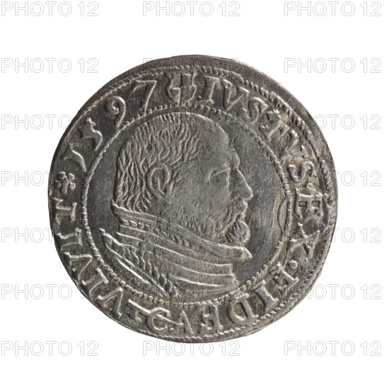 grosz, Anger, Krzysztof (Christoph), publisher, Anger, Krzysztof (Christoph), eagles, Hohenzollern (coat of arms), George Frederick (Duke of Karniów; 1539-1603) - iconography, rosettes, male busts in armour, Obv. Prussian eagle with the crowned letter S on the chest. In the rim, between the borders, an inscription beginning with a rosette GEORG.FRID:D:G:M:BR:DVX.PRVSS between the words circles. Rev. Male bust in armour in profile turned to the right; short hair, beard with sideburns. In the rim between the borders an inscription beginning with the Hohenzollern coat of arms and separated by a hook with the letters CA      IVSTVS EX FIDE - VIVIT I597 between the words circles, before the date a rosette, 1597, Ducal Prussia (1525-1701), Königsberg, coin, coin: diameter 22.7 mm, weight 1.70 g, axis 0 degrees.