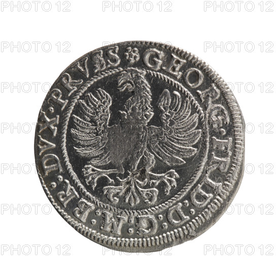 Grosz; Gulden; Pawel, publisher. Obverse: Prussian eagle with crowned letter S on the chest; in the rim between borders an inscription beginning with a rosette GEORG.FRID:D:G:M:BR:DVX.PRVSS; rosettes between words. Reverse: male bust in armour in profile turned to the right; short hair, beard with sideburns; in the rim between borders an inscription beginning with the Hohenzollern coat of arms and divided by a ring topped with a cross with crossed hooks IVSTVS EX FIDE - VIVIT I586; rosettes between words. 1586. Ducal Prussia (Königsberg). Coin; diameter 22.2 mm; weight 1.71 g; axis 0°.
