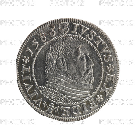 Grosz; Gulden; Pawel, publisher. Obverse: Prussian eagle with crowned letter S on the chest; rim inscription beginning with a rosette GEORG.FRID:D:G:M:BR:DVX.PRVSS, words separated by circles. Reverse: male bust in armour in profile to the right; short hair, beard with sideburns; rim inscription beginning with the Hohenzollern coat of arms and divided by a ring topped with a cross with crossed hooks IVSTVS EX FIDE - VIVIT I586, words separated by rosettes. 1586, Königsberg, Ducal Prussia (1525–1701). Coin; diameter 22.2 mm, weight 1.71 g, axis 0°.