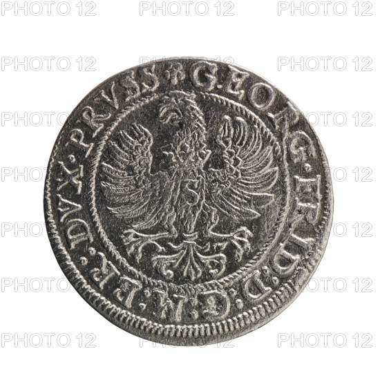 Obverse: Prussian eagle with crowned letter S on the chest; in the rim between borders an inscription beginning with a rosette GEORG.FRID:D:G:M:BR:DVX.PRVSS; rosettes between words. Reverse: Male bust in armour in profile facing right; short hair, beard with sideburns; in the rim between borders an inscription beginning with the Hohenzollern coat of arms and divided by a ring topped with a cross with crossed hooks IVSTVS EX FIDE - VIVIT 1586; rosettes between words. George Frederick (Duke of Karniów; 1539–1603) — iconography includes Hohenzollern coat of arms, eagles, rosettes, male busts in armour. Ducal Prussia (1525–1701), Königsberg; coin; diameter 22.2 mm; weight 1.63 g; axis 0°. Maker/publisher: Pawel Gulden.