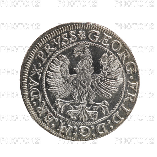 Grosz; Gulden; Pawel, publisher; Gulden, Pawel. Obverse: Prussian eagle with crowned letter S on the chest; in the rim between borders an inscription beginning with a rosette GEORG.FRID:D:G:M:BR:DVX.PRVSS, between the words circles. Reverse: male bust in armour in profile turned to the right; short hair, beard with sideburns; in the rim between borders an inscription beginning with the Hohenzollern coat of arms and divided by a ring topped with a cross with crossed hooks IVSTVS EX FIDE - VIVIT I587, between the words rosettes. 1587. Ducal Prussia (1525–1701), Königsberg. Coin; diameter 22.1 mm; weight 1.63 g; axis 0°.