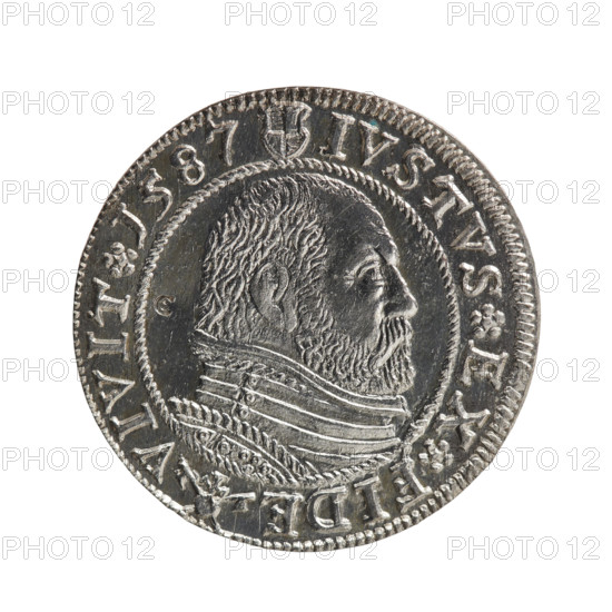 Obverse: Prussian eagle with crowned letter S on the chest; in the rim, between the borders, an inscription beginning with a rosette GEORG.FRID:D:G:M:BR:DVX.PRVSS; rosettes between words. Reverse: male bust in armour in profile to right; short hair, beard with sideburns; in the rim, between the borders, an inscription beginning with the Hohenzollern coat of arms and divided by a ring topped with a cross with crossed hooks IVSTVS EX FIDE - VIVIT I587; rosettes between words. 1587. Ducal Prussia (1525–1701), Königsberg. Coin; diameter 22.1 mm, weight 1.63 g, axis 0°. Maker: Georg Friedrich (George Frederick, Duke of Karniów; 1539–1603). Style: iconography includes eagles, Hohenzollern coat of arms, rosettes, male busts in armour. Publisher: Pawel Gulden.