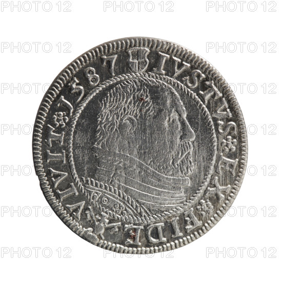 George Frederick (Duke of Karniów; 1539–1603) — iconography: Hohenzollern coat of arms, eagles, male busts in armour, rosettes. Obverse: Prussian eagle with crowned letter S on the chest; in the rim, between the borders, an inscription beginning with a rosette GEORG.FRID:D:G:M:BR:DVX.PRVSS separated by circles. Reverse: male bust in armour in profile turned to the right; short hair, beard with sideburns; in the rim, between the borders, an inscription beginning with the Hohenzollern coat of arms and divided by a ring topped with a cross with crossed hooks IVSTVS EX FIDE - VIVIT 1587, with rosettes between the words. Ducal Prussia (1525–1701), Königsberg. Coin; diameter 22.3 mm, weight 1.57 g, axis 0°. Publisher: Pawel Gulden.