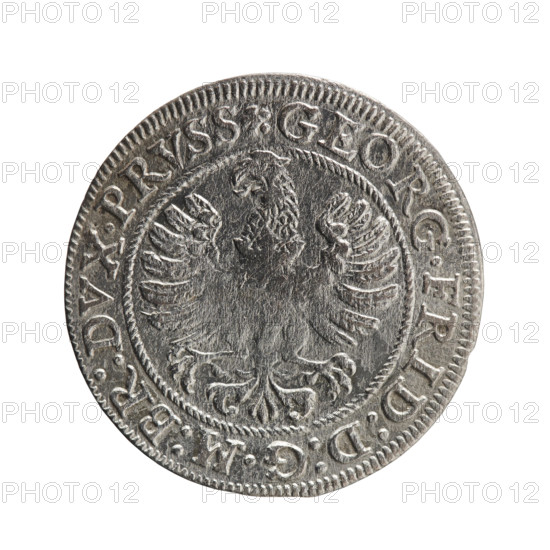 Grosz; Gulden; Pawel, publisher. Obverse: Prussian eagle with crowned letter S on the chest; in the rim between borders an inscription beginning with a rosette GEORG.FRID:D:G:M:BR:DVX.PRVSS, with rosette separators. Reverse: male bust in armour in profile to the right; short hair, beard with sideburns; in the rim between borders an inscription beginning with the Hohenzollern coat of arms and divided by a ring topped with a cross with crossed hooks IVSTVS EX FIDE - VIVIT I587, with rosette separators. 1587. Königsberg, Ducal Prussia (1525–1701). Coin; diameter 22.4 mm; weight 1.46 g; axis 0°.
