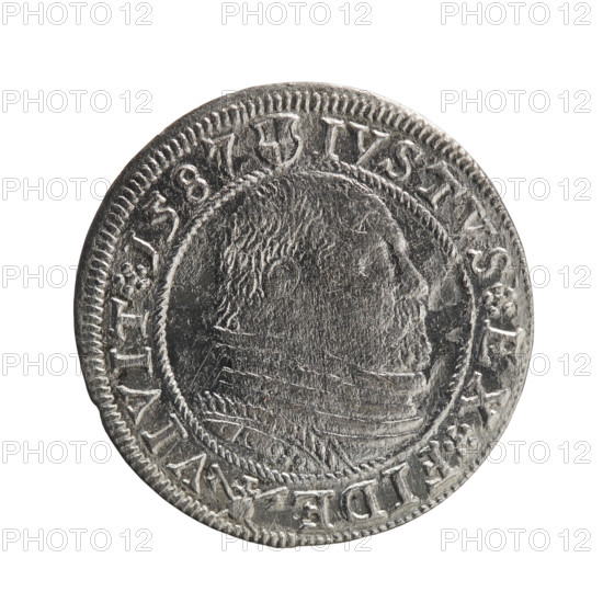 Obverse: Prussian eagle with a crowned letter S on the chest; in the rim between borders an inscription beginning with a rosette GEORG.FRID:D:G:M:BR:DVX.PRVSS; rosettes between words. Reverse: Male bust in armour in profile turned to the right; short hair, beard with sideburns; in the rim between borders the Hohenzollern coat of arms and divided by a ring topped with a cross with crossed hooks IVSTVS EX FIDE - VIVIT I587; rosettes between words. 1587; Königsberg, Ducal Prussia (1525–1701); coin; diameter 22.4 mm; weight 1.46 g; axis 0°. Makers/publishers: Pawel Gulden; depicted: George Frederick (Duke of Karniów; 1539–1603).