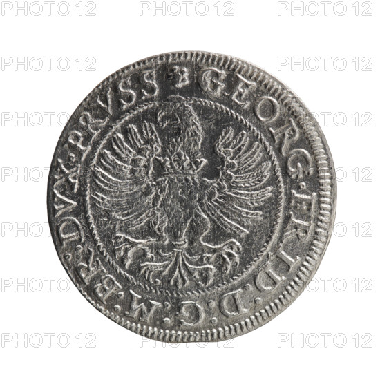 Grosz; Gulden, Pawel, publisher. Obverse: Prussian eagle with crowned letter S on the chest; in the rim between borders an inscription beginning with a rosette GEORG.FRID:D:G:M:BR:DVX.PRVSS with circles between words. Reverse: male bust in armour in profile to the right; short hair, beard with sideburns; in the rim between borders an inscription beginning with the Hohenzollern coat of arms and divided by a ring topped with a cross with crossed hooks IVSTVS EX FIDE - VIVIT I586 with rosettes between words. 1586. Ducal Prussia (1525–1701), Königsberg. Coin; diameter 22.3 mm; weight 1.66 g; axis 0 degrees.