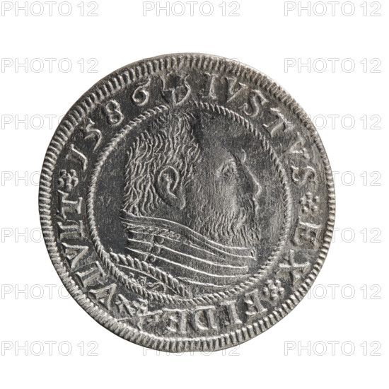 Grosz; Gulden; Pawel, publisher. Obverse: Prussian eagle with crowned letter S on the chest; in the rim between borders an inscription beginning with a rosette GEORG.FRID:D:G:M:BR:DVX.PRVSS, with rosette separators. Reverse: male bust in armour in profile facing right; short hair, beard with sideburns; in the rim between borders an inscription beginning with the Hohenzollern coat of arms and divided by a ring topped with a cross with crossed hooks IVSTVS EX FIDE - VIVIT I586, with rosette separators. 1586. Ducal Prussia (1525–1701), Königsberg. Coin; diameter 22.3 mm; weight 1.66 g; axis 0°.