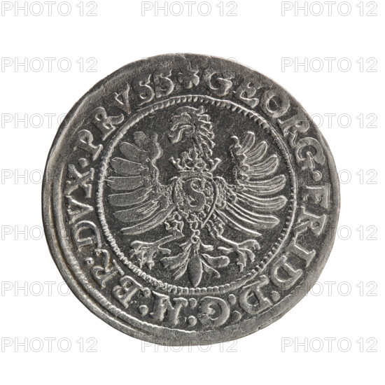 Obverse: Prussian eagle with crowned letter S on the chest; in the rim between the borders an inscription beginning with a rosette GEORG.FRID:D:G:M:BR:DVX.PRVSS with points between the words. Reverse: male bust in armour in profile turned to the right; short hair, beard with sideburns; in the rim between the borders an inscription beginning with the Hohenzollern coat of arms and divided by a ring topped with a cross with crossed hooks IVSTVS EX FIDE - VIVIT I589, rosettes. Maker/publisher: Gulden, Pawel. Iconography: eagles, Hohenzollern (coat of arms), rosettes, male busts in armour, George Frederick (Duke of Karniów; 1539–1603). Date/place: 1589, Ducal Prussia (1525–1701), Königsberg. Object: coin; diameter 22.5 mm, weight 1.70 g, axis 0 degrees.