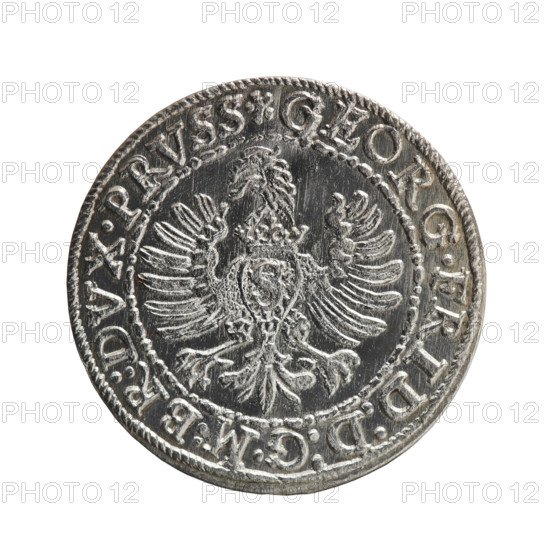 Anger, Krzysztof (Christoph), publisher. George Frederick (Duke of Karniów; 1539–1603) — iconography: eagles, Hohenzollern coat of arms, rosettes, male busts in armour. Obverse: Prussian eagle with the crowned letter S on the chest; in the rim between the borders an inscription beginning with a rosette GEORG.FRID:D:G:M:BR:DVX.PRVSS. Reverse: male bust in armour in profile turned to the right; short hair, beard with sideburns; in the rim between the borders an inscription beginning with the Hohenzollern coat of arms and separated by a hook with the letters CA IVSTVS EX FIDE - VIVIT. 1595. Ducal Prussia (1525–1701), Königsberg. Coin: diameter 22.0 mm, weight 1.72 g, axis 0°.