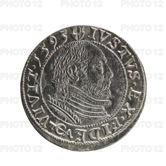 George Frederick (Duke of Karniów; 1539–1603) — iconography: Prussian eagle with crowned letter S on the chest; Hohenzollern coat of arms; rosettes; male busts in armour. Obverse: Prussian eagle; in the rim between borders an inscription beginning with a rosette GEORG.FRID:D:G:M:BR:DVX.PRVSS. Reverse: male bust in armour in profile to the right; short hair, beard with sideburns; in the rim between borders an inscription beginning with the Hohenzollern coat of arms and separated by a hook with the letters CA IVSTVS EX FIDE - VIVIT. Date: 1595. Place: Ducal Prussia, Königsberg. Object: coin; diameter 22.0 mm; weight 1.72 g; axis 0°. Publisher: Anger, Krzysztof (Christoph).