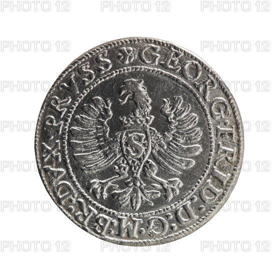 Anger, Krzysztof (Christoph), publisher. Obverse: Prussian eagle with a crowned letter S on the chest; in the rim between borders an inscription beginning with a rosette GEORG.FRID:D:G:M:BR:DVX.PRVSS. Reverse: male bust in armour in profile to the right; short hair, beard with sideburns; in the rim between borders an inscription beginning with the Hohenzollern coat of arms and separated by a hook with the letters CA IVSTVS EX FIDE - VIVIT. 1595. George Frederick (Duke of Karniów; 1539–1603) — iconography; Hohenzollern (coat of arms), eagles, rosettes, male busts in armour. Ducal Prussia (1525–1701), Königsberg. Coin: diameter 22.0 mm, weight 1.57 g, axis 0°.