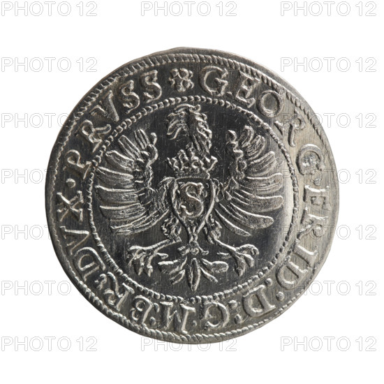 grosz; maker/publisher: Anger, Krzysztof (Christoph); date: 1596; place: Ducal Prussia (Königsberg); subject: coin (grosz) depicting on obverse a Prussian eagle with a crowned letter S on the chest; rim inscription beginning with a rosette GEORG.FRID:D:G:M:BR:DVX.PRVSS (between the words circles); reverse: male bust in armour in profile turned to the right, short hair, beard with sideburns; rim inscription beginning with the Hohenzollern coat of arms and divided by a hook with the letters CA IVSTVS EX FIDE - VIVIT (between the words circles); iconography: eagles; George Frederick (Duke of Karniów; 1539–1603); Hohenzollern (coat of arms); rosettes; male busts in armour; coin specifications: diameter 22.3 mm, weight 1.84 g, axis 0°.