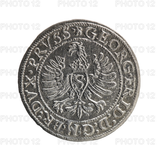Obverse: Prussian eagle with crowned letter S on the chest; in the rim between the borders an inscription beginning with a rosette GEORG.FRID:D:G:M:BR:DVX.PRVSS. Reverse: Male bust in armour in profile turned to the right; short hair, beard with sideburns; in the rim between the borders an inscription beginning with the Hohenzollern coat of arms and separated by a hook with the letters CA IVSTVS EX FIDE - VIVIT. 1597. George Frederick (Duke of Karniów; 1539–1603) — iconography. Rosettes, Hohenzollern (coat of arms). Ducal Prussia (1525–1701), Königsberg. Coin; diameter 22.5 mm, weight 1.78 g, axis 0°.